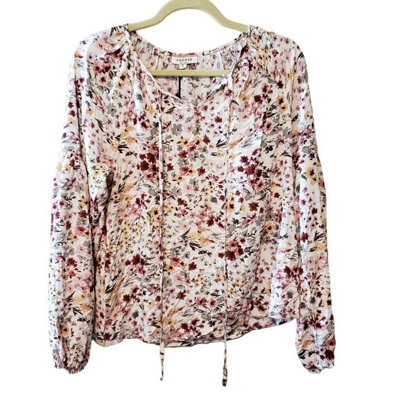 Andrée By Unit Red Olive & Mustard Floral Long Sleeve Blouse Tie Neck Size S - Picture 1 of 15